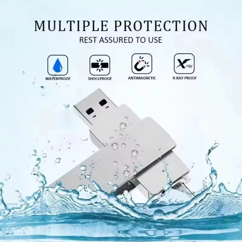 Silver 2-in-1 USB and Type-C flash drive in water, highlighting waterproof, shockproof, magnetic, and X-ray protection.