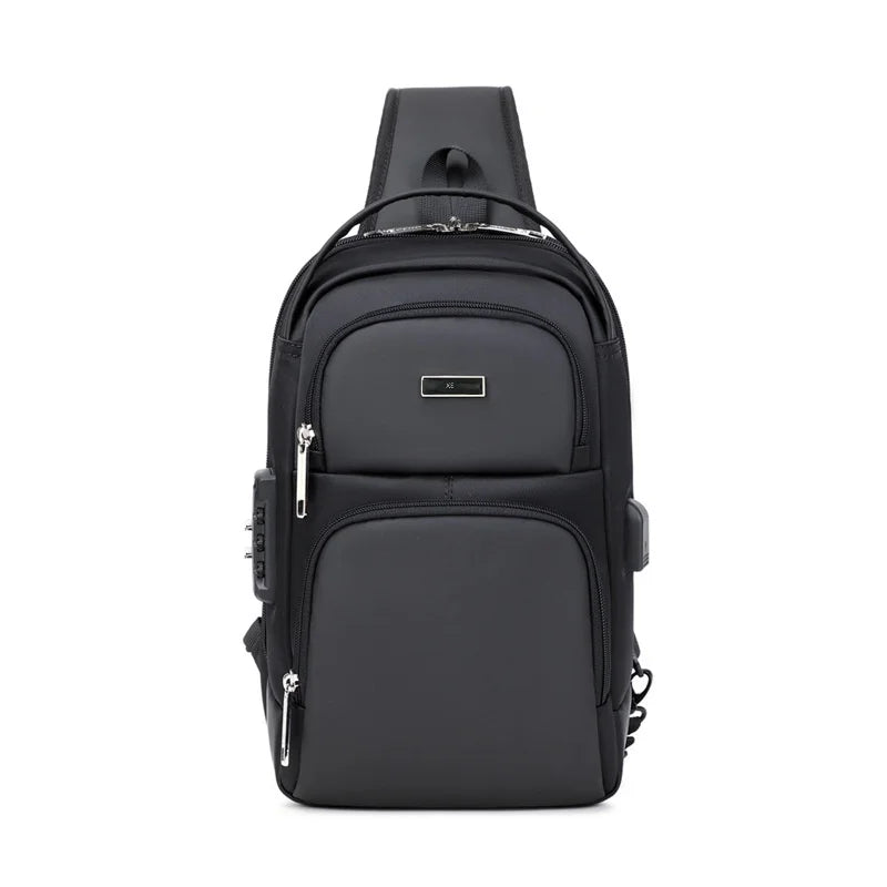 Black waterproof travel sling bag with zip compartments, integrated password lock, and external charging port.