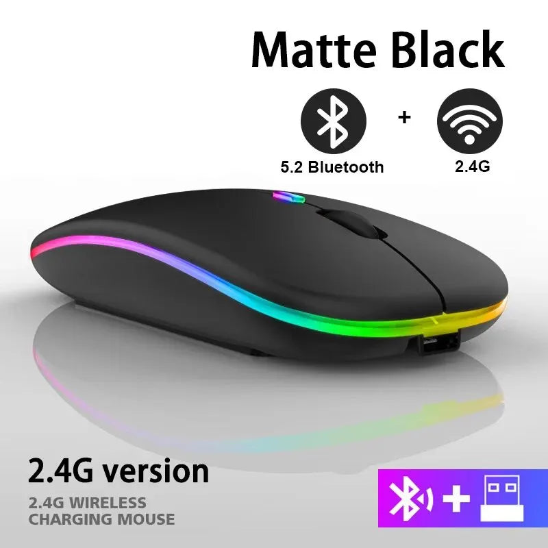 Matte black wireless rechargeable gaming mouse with rainbow RGB LED trim, Bluetooth and 2.4G connectivity.