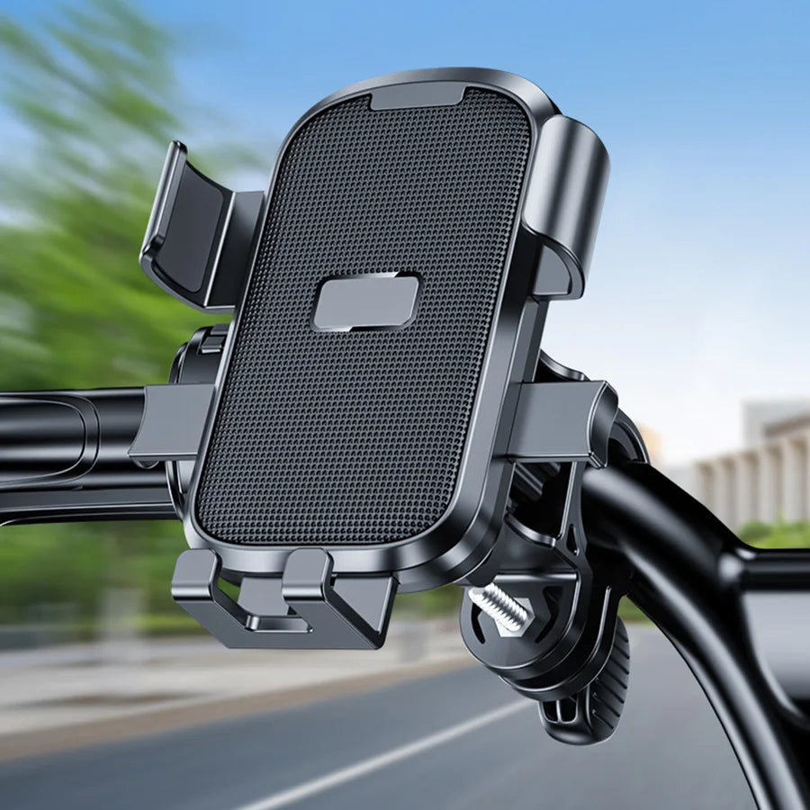 Black adjustable phone mount for bike handlebars with a secure grip and textured anti-slip surface.