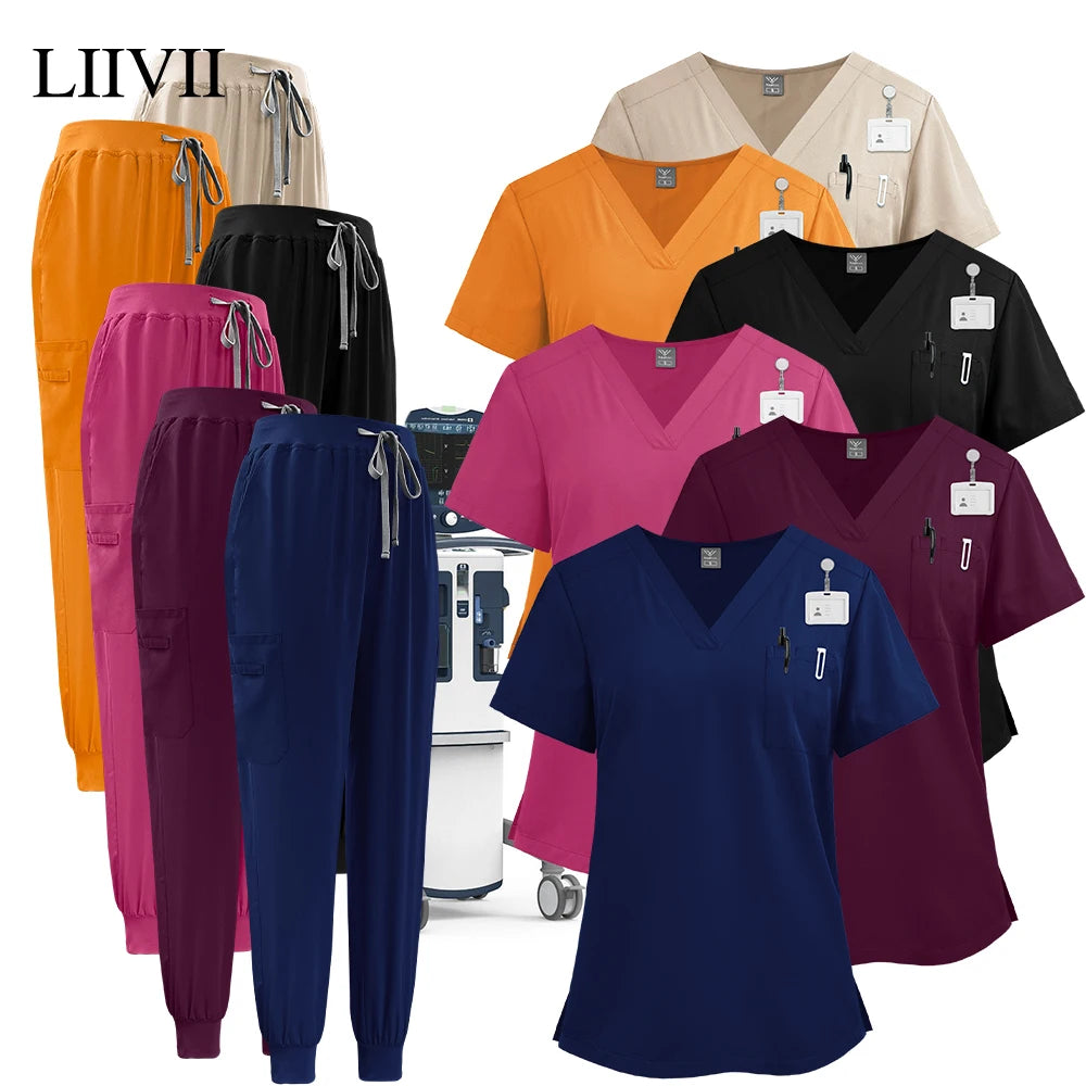 Unisex medical scrub sets in various colours, featuring V-neck tops with chest pockets and drawstring jogger trousers.