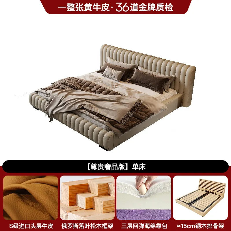 Modern cream upholstered storage bed with a channel-tufted headboard and frame, shown with bedding and wood slats.