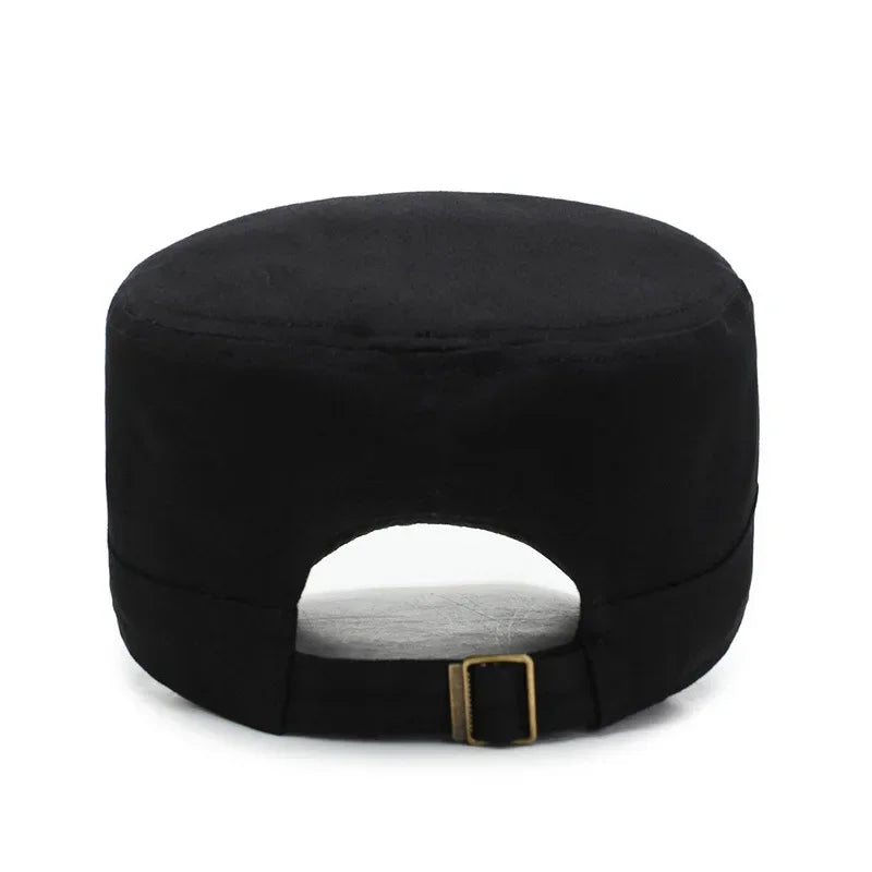 Black cotton military-style cadet cap with a flat top and an adjustable bronze-toned buckle strap at the back.