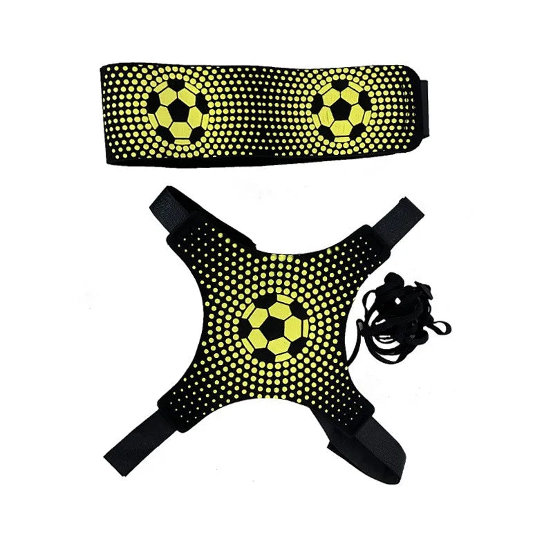 Black and neon yellow football training belt and vest set with soccer ball patterns and adjustable straps.
