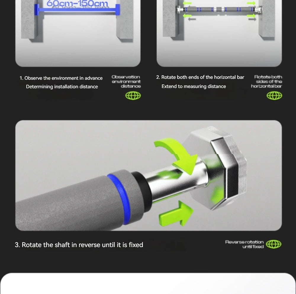 Three-step infographic showing how to install an adjustable grey metal doorframe pull-up bar by extending and locking.