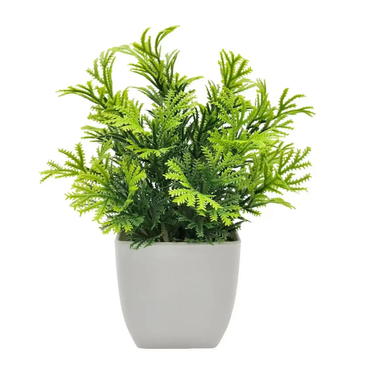Artificial green fern plant with feathery leaves in a simple, solid matte white plastic pot, isolated on white.