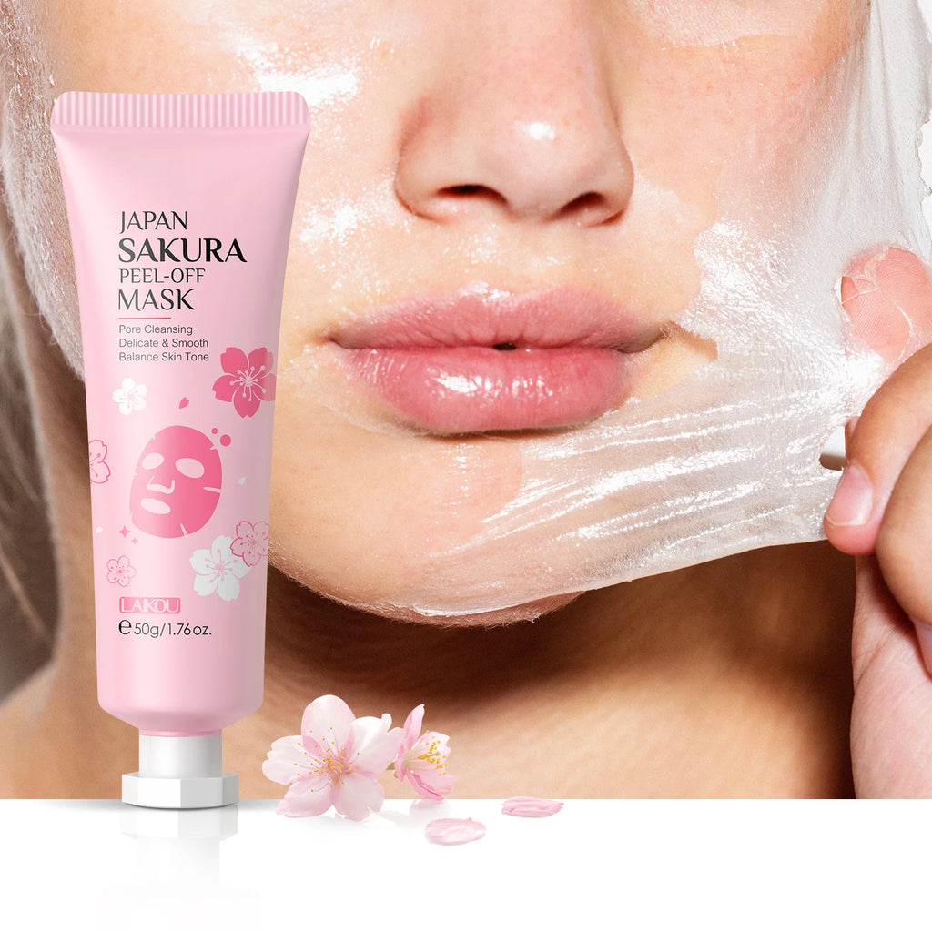 Pink tube of Sakura pore-cleansing peel-off face mask shown next to a person peeling the clear mask off their skin.