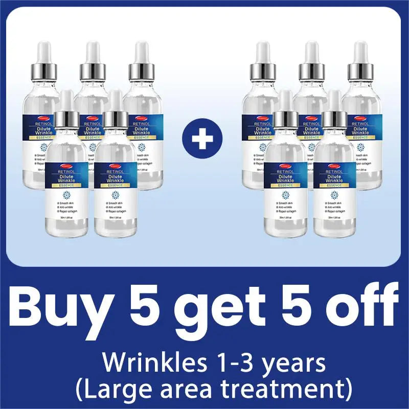 Ten bottles of clear retinol anti-wrinkle facial essence with silver dropper lids in a buy 5 get 5 free bundle.