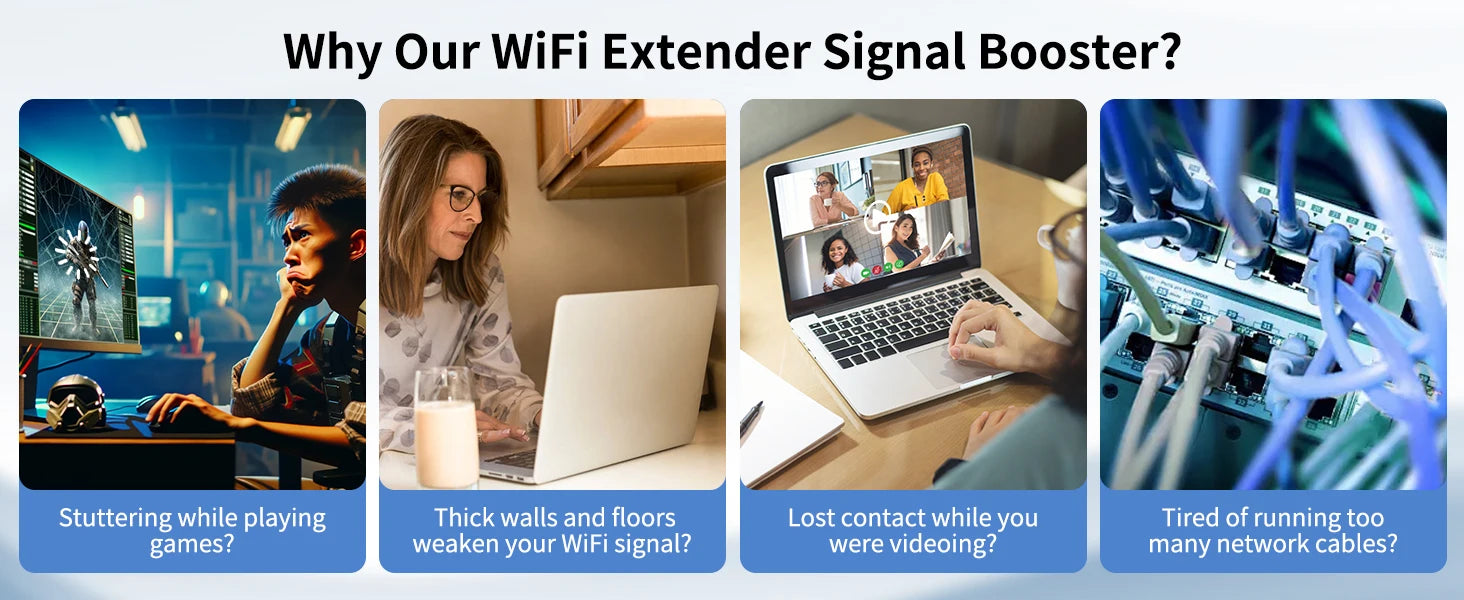 Infographic showing four scenarios: gaming, working, video calls, and messy cables, highlighting WiFi booster benefits.