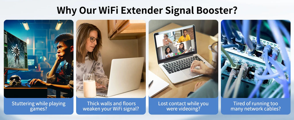 Four images showing WiFi issues: gaming lag, poor signal, video call drops, and messy network cables.