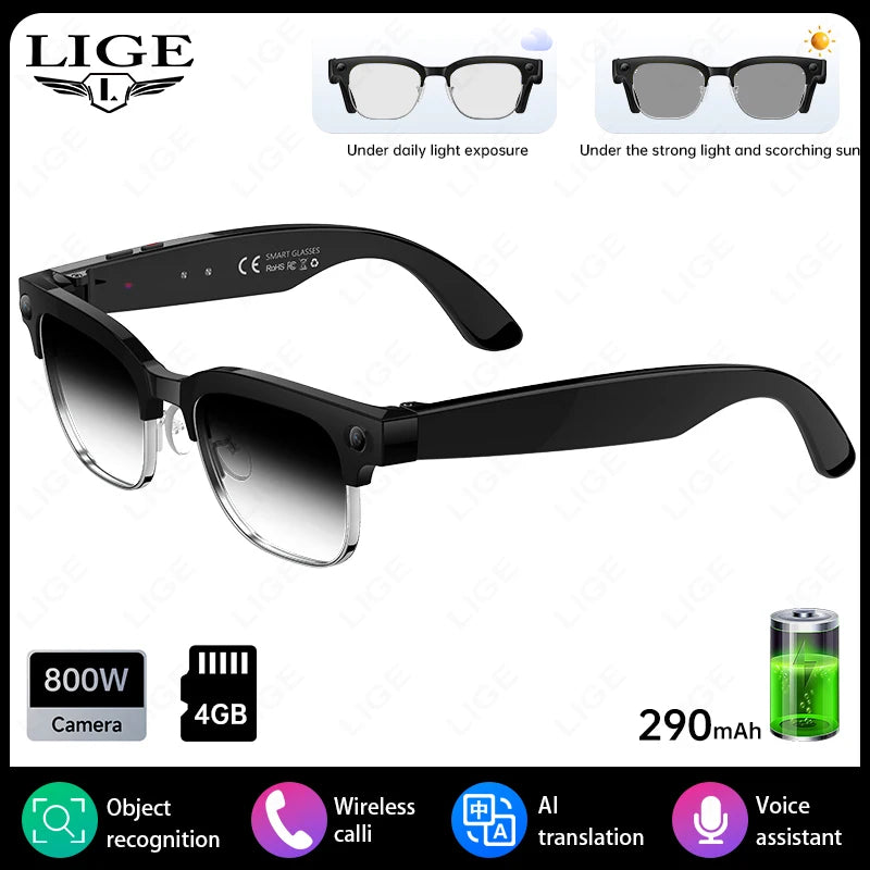 Black smart glasses with photochromic lenses, built-in camera, and AI features for translation and voice assistance.