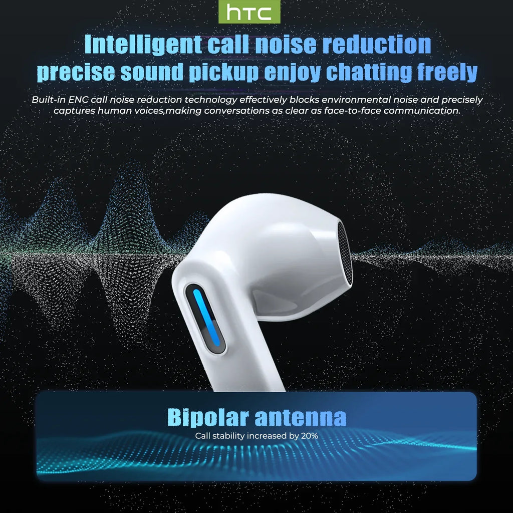Glossy white wireless earbud with a sleek design and a glowing blue vertical LED accent against a dark background.