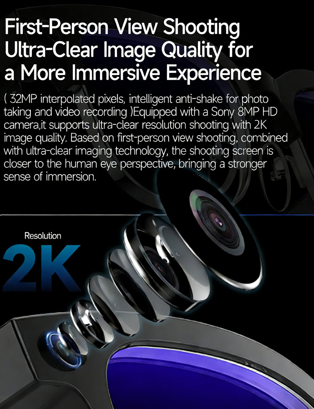 Sleek black smart glasses featuring an integrated 2K HD camera lens for immersive first-person video recording.