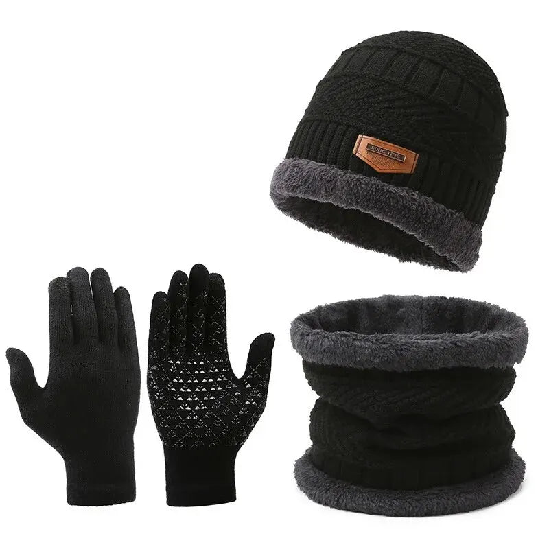 Men’s black 3-piece winter set: a fleece-lined beanie and infinity scarf with matching textured knit gloves.