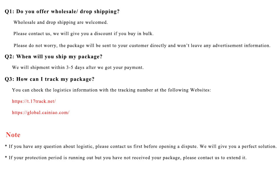 An image showing FAQs about wholesale, dropshipping, shipping times, tracking links, and customer support.
