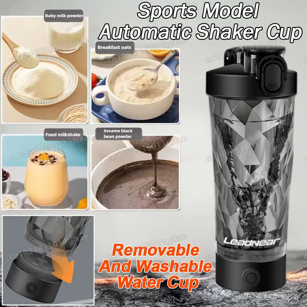 Black automatic sports shaker cup with a geometric textured design, locking lid, and detachable motorized base.