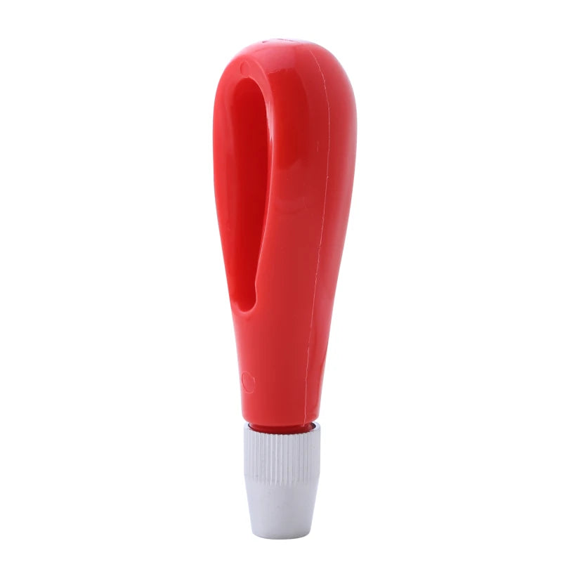 Bright red, ergonomic sewing awl handle with a silver metal collet for securing needles.