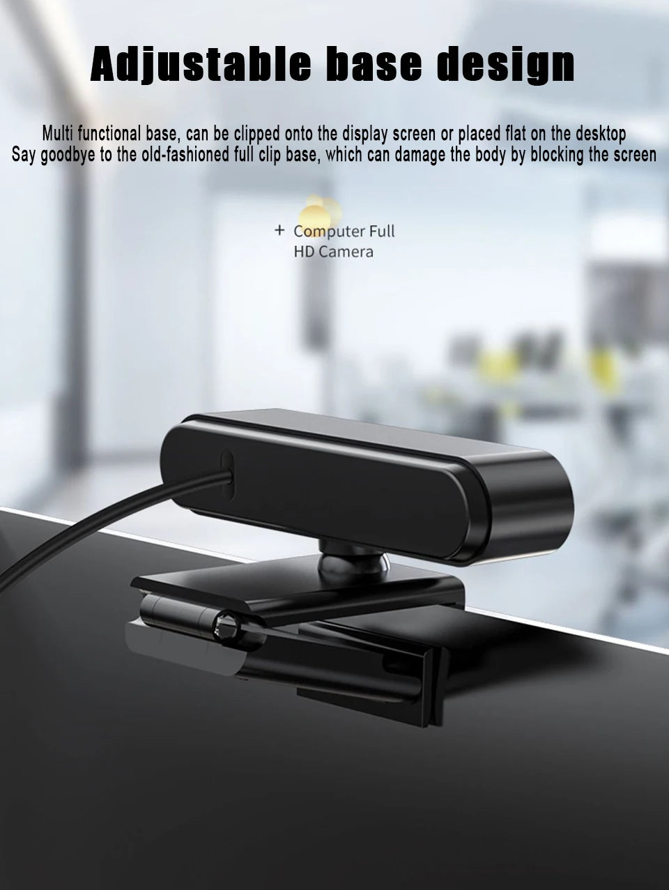A sleek black 4K USB webcam with a slim, adjustable base clipped onto the top of a computer screen.