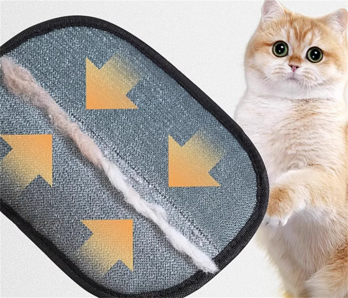 Grey oval pet hair remover tool with black trim, shown with a ginger cat and arrows indicating effective hair pick-up.