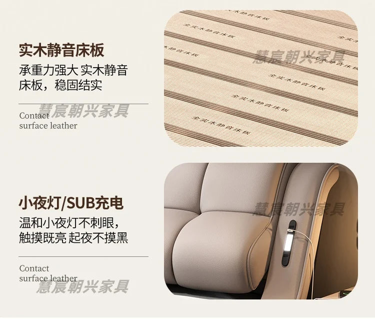 Modern beige leather bed frame featuring solid wooden slats and a convenient integrated side reading light with USB.