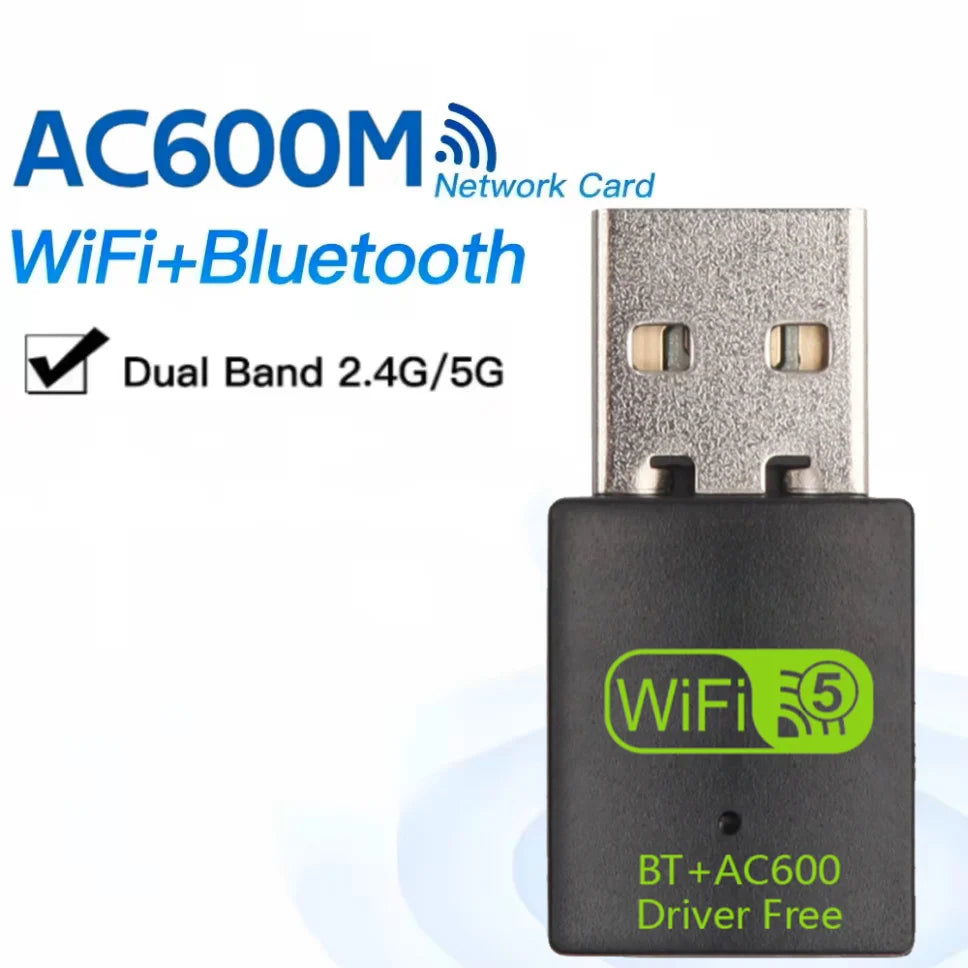 Compact black USB WiFi and Bluetooth dual-band adapter with green branding text, featuring an integrated metallic plug.