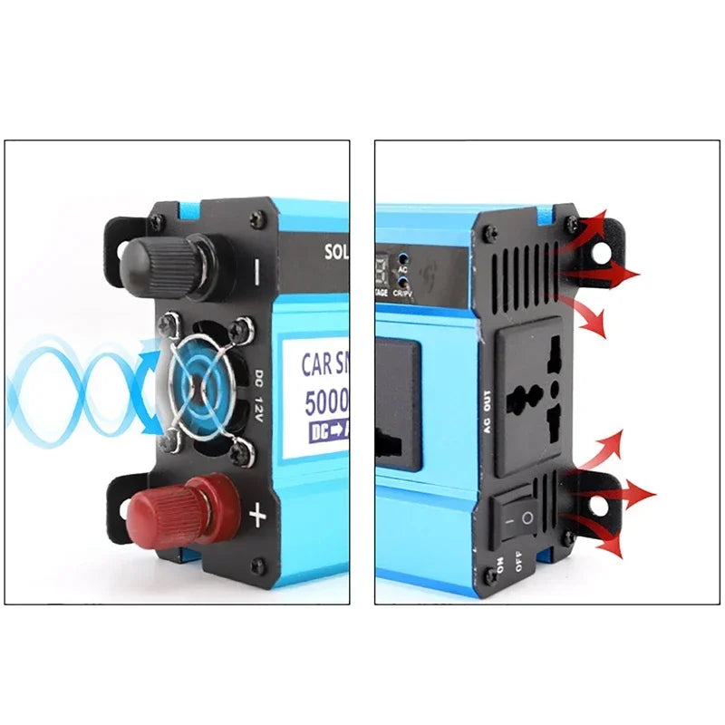 Blue modified sine wave power inverter with cooling fan, AC sockets, and LCD screen.