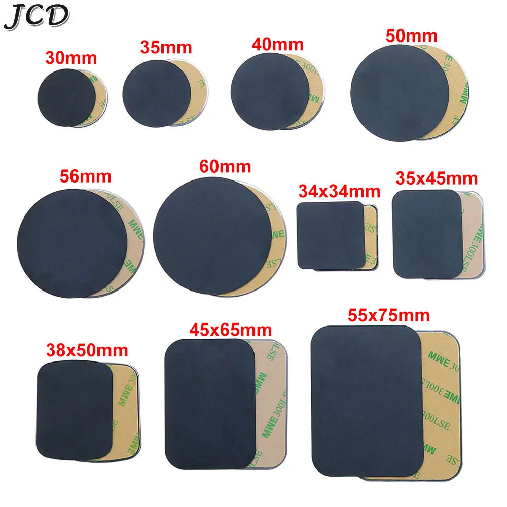 Assorted black adhesive-backed magnetic pads in various round and rectangular sizes with measurements.