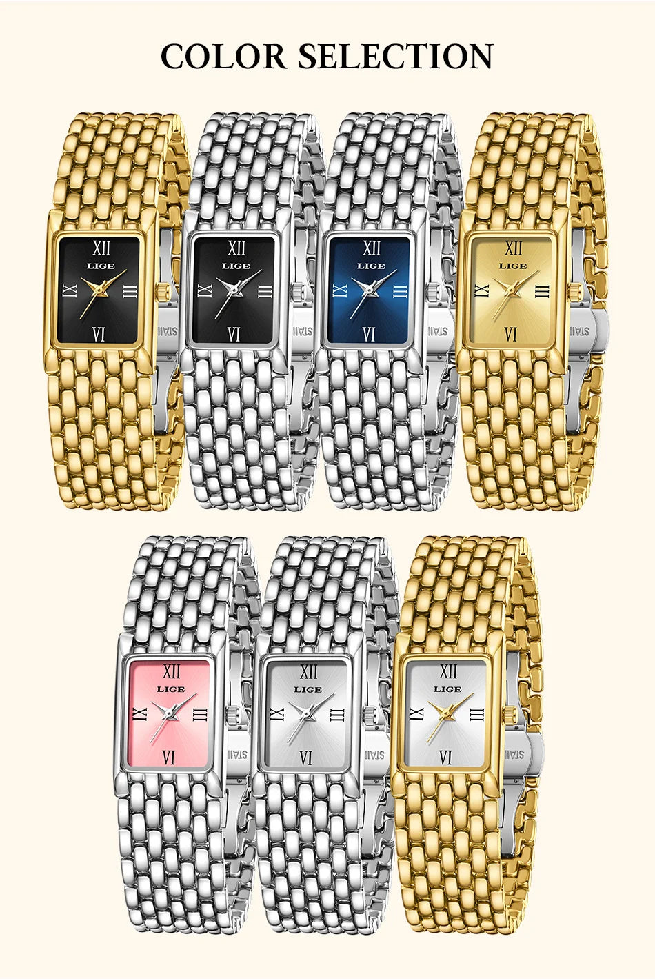 Selection of luxury square ladies' quartz watches with stainless steel link bracelets in various metallic finishes.
