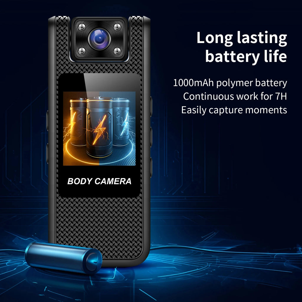 Black carbon fiber body camera with a screen displaying battery graphics and a top-mounted lens.