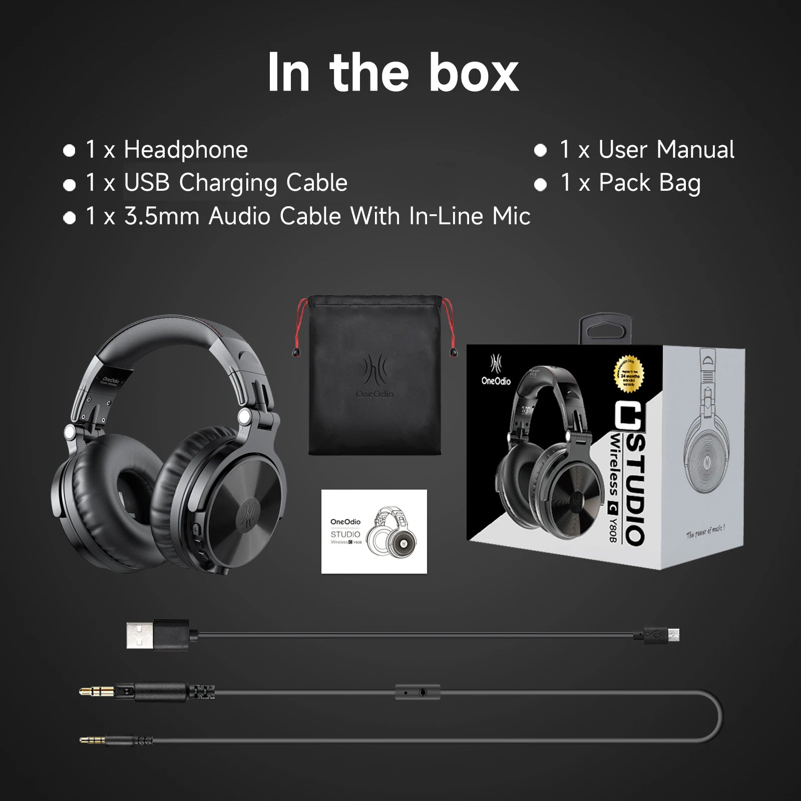 Black wireless over-ear headphones with charging cable, 3.5mm audio cable, carry bag, user manual, and product box.