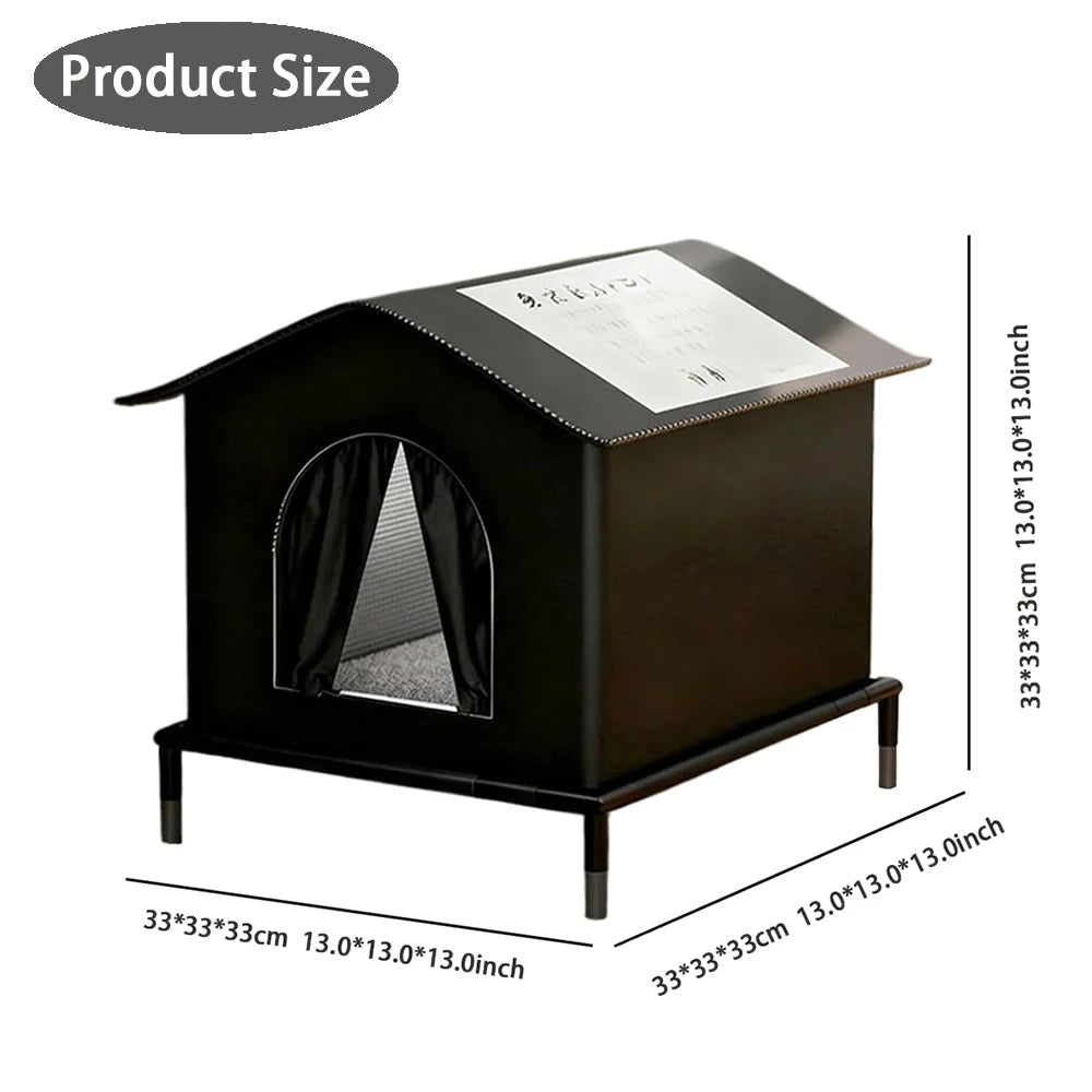 Black, weatherproof outdoor cat house with an arched entrance, raised legs and a pitched roof, measuring 33x33x33cm.