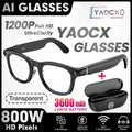Sleek black smart glasses featuring built-in HD cameras, shown with a portable charging case and technical icons.