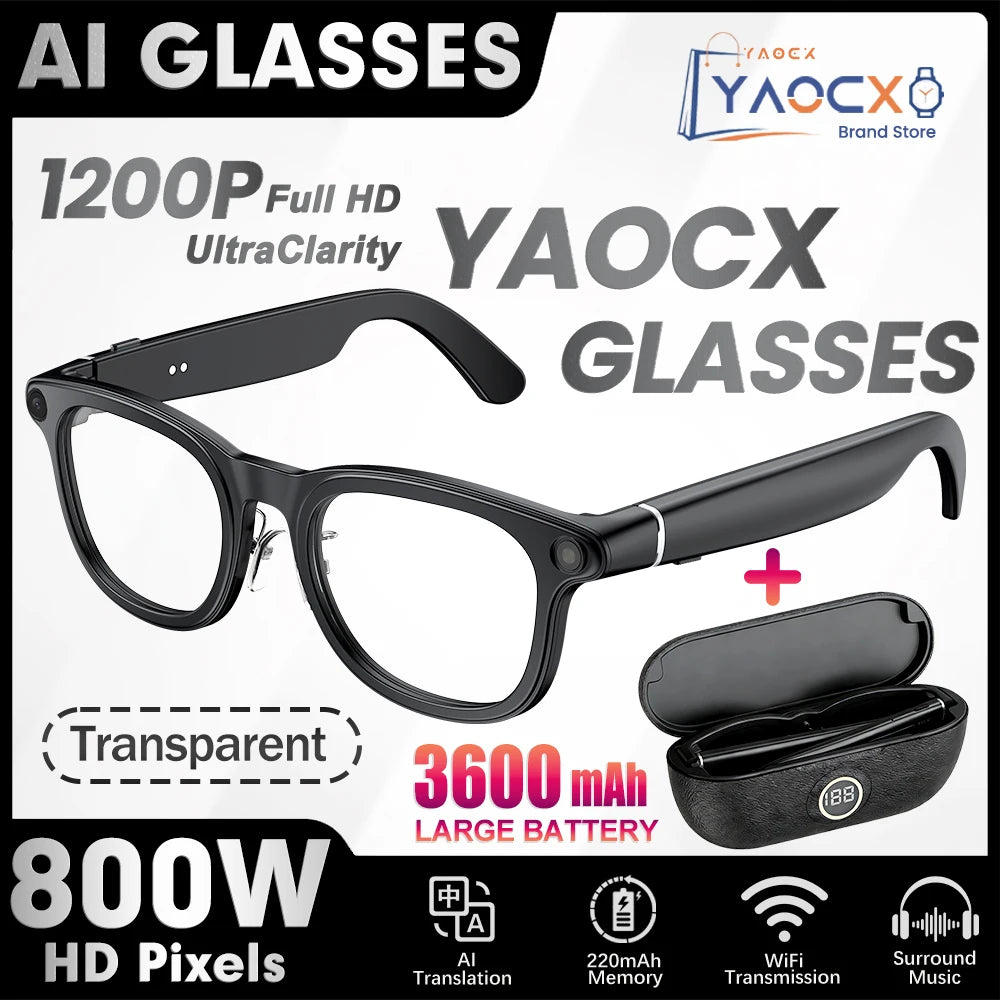 Sleek black smart glasses featuring built-in HD cameras, shown with a portable charging case and technical icons.