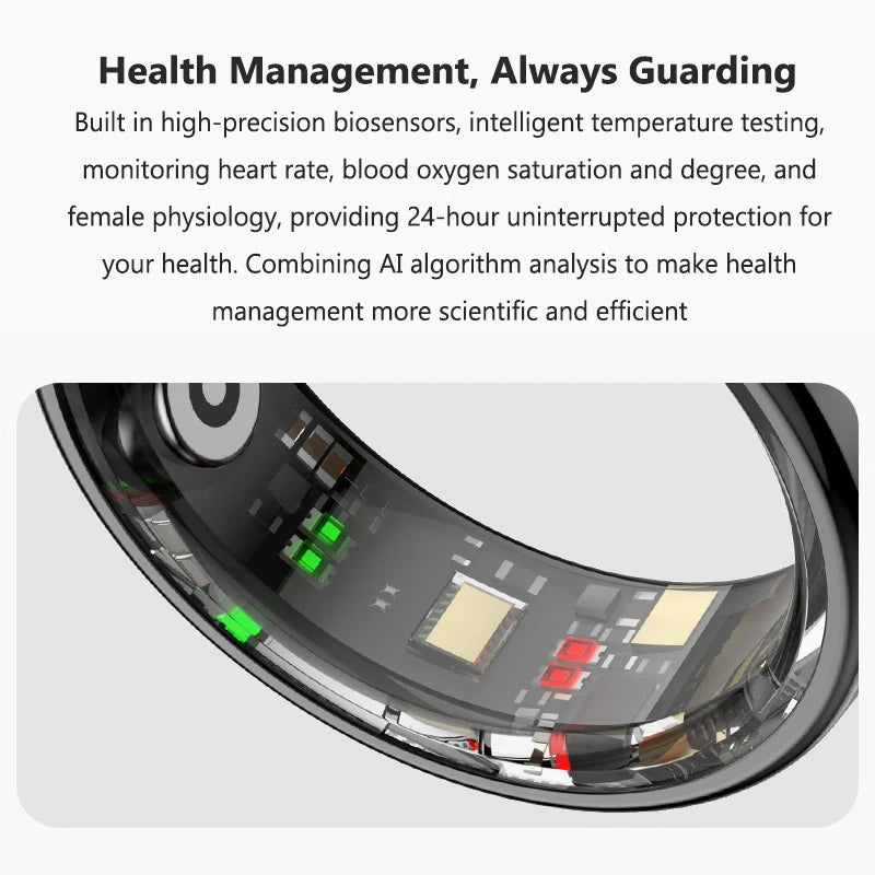 Close-up of a sleek black smart health ring showing internal biosensors with glowing green and red indicator lights.