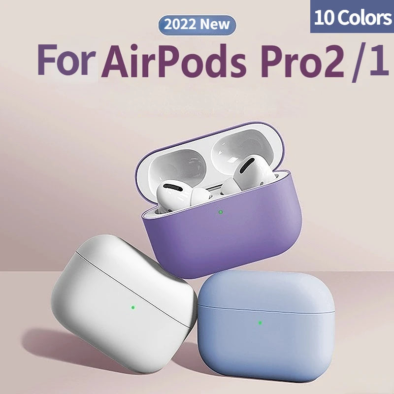 Smooth, matte silicone cases for AirPods Pro 1 and 2, shown in purple, white, and blue.