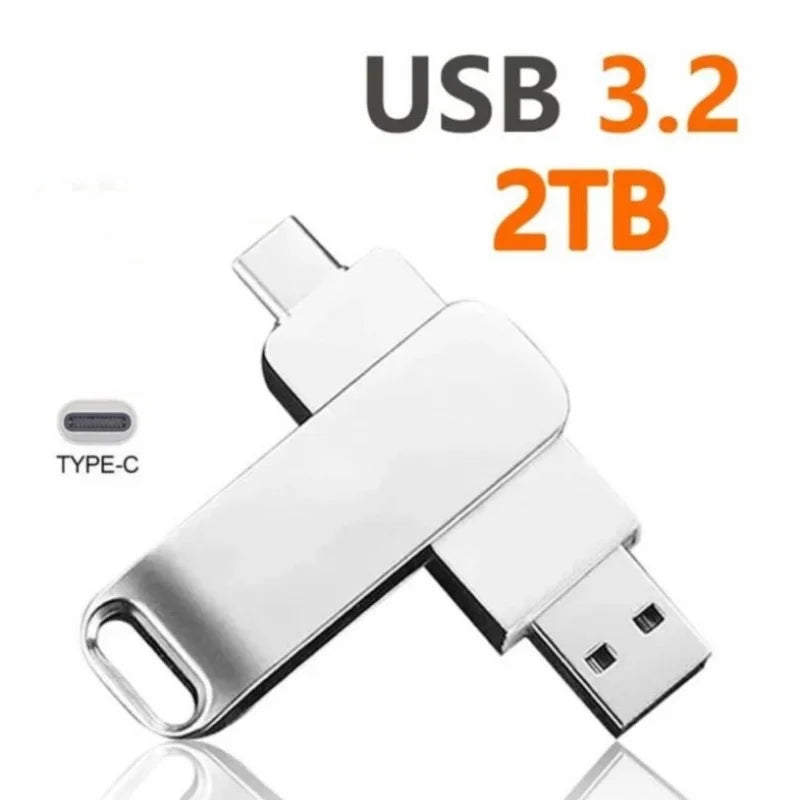 Silver dual-connector USB 3.2 metal flash drive featuring both Type-C and standard USB plugs.
