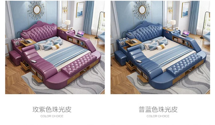 Modern double beds in purple and blue faux leather, featuring tufted headboards, integrated storage, and side tables.