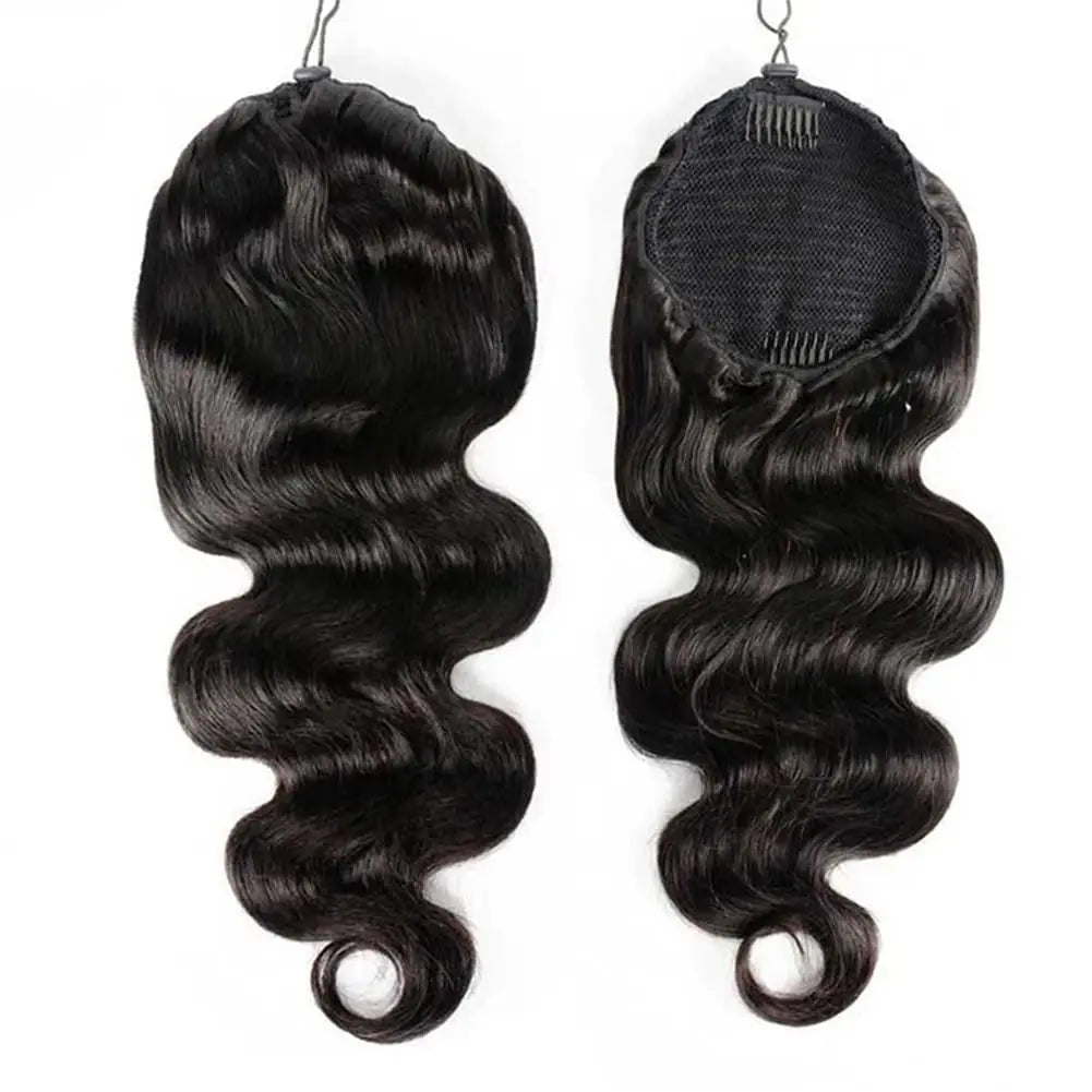Natural black body wave human hair drawstring ponytail extension showing exterior and interior cap with combs.