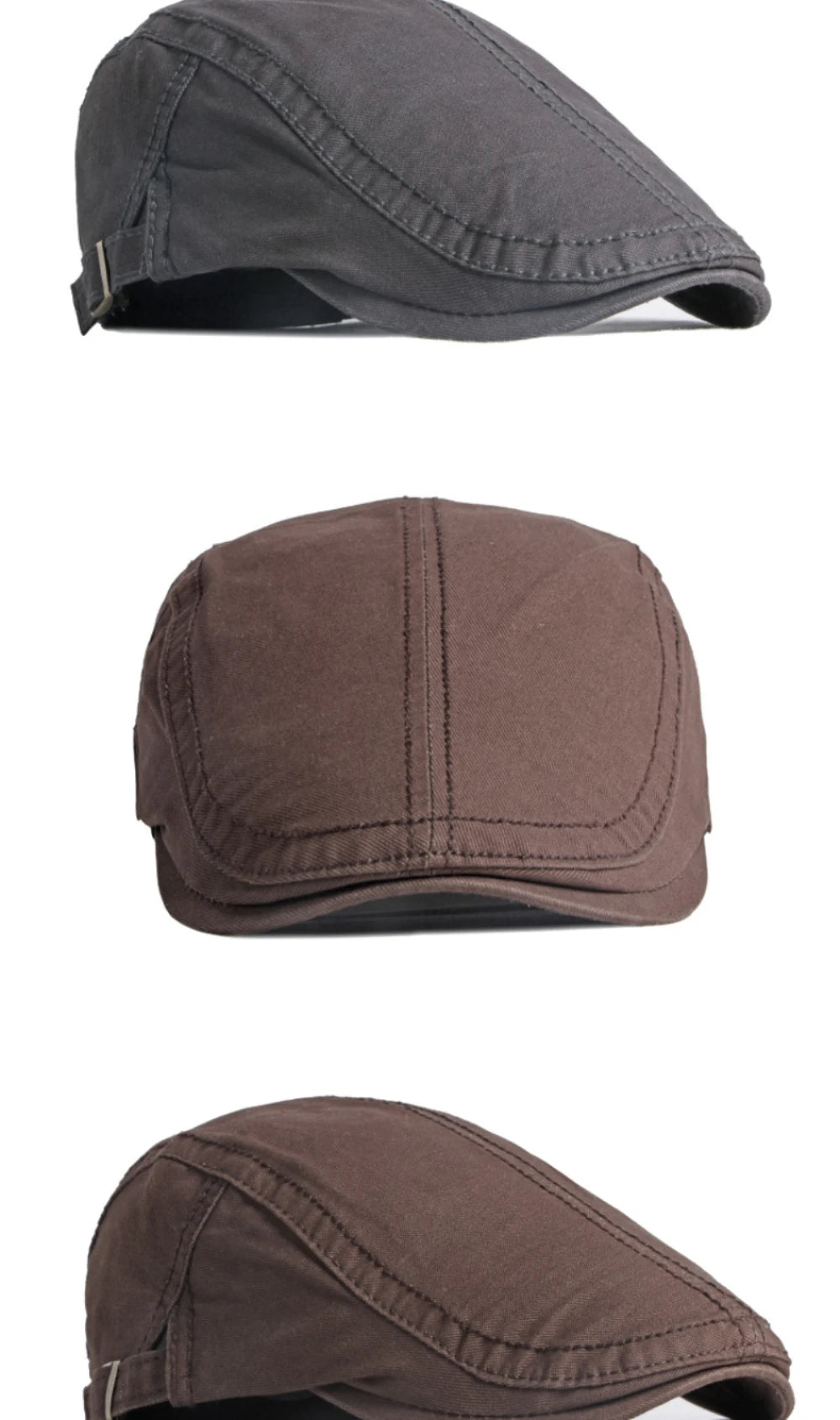 Unisex cotton flat caps in grey and brown, featuring stitched detailing and adjustable side straps.