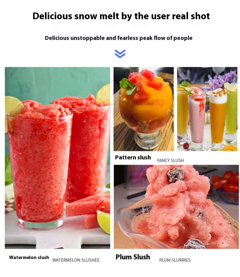 Collage of various colourful fruit slushies, including watermelon and plum flavours, served in glassware.
