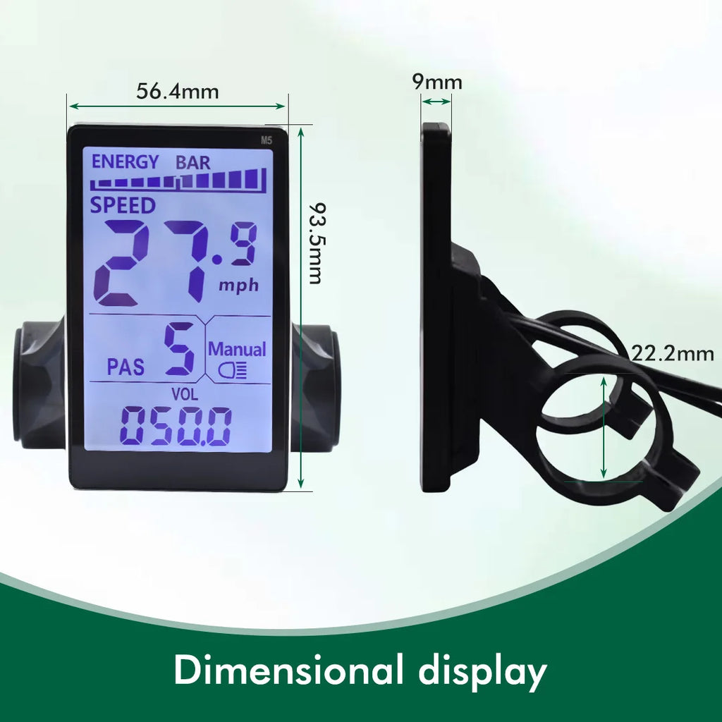 Black M5 e-bike LCD display with blue screen showing speed and dimensions.