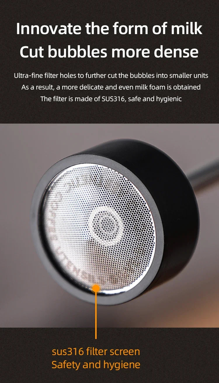 Round milk frother head with a black housing and a fine stainless steel mesh filter screen.
