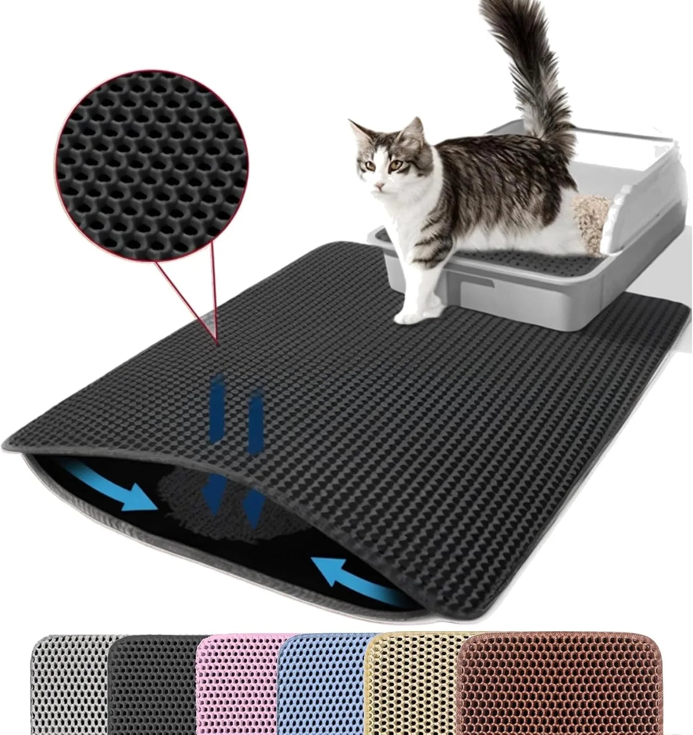 Black double-layer honeycomb cat litter mat that traps scatter, shown with a cat and various colour options below.