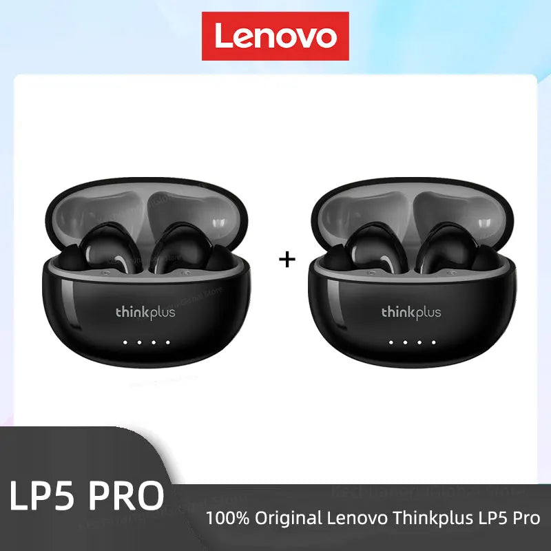 Two black wireless earbuds in open, round charging cases with indicator lights, shown side by side.