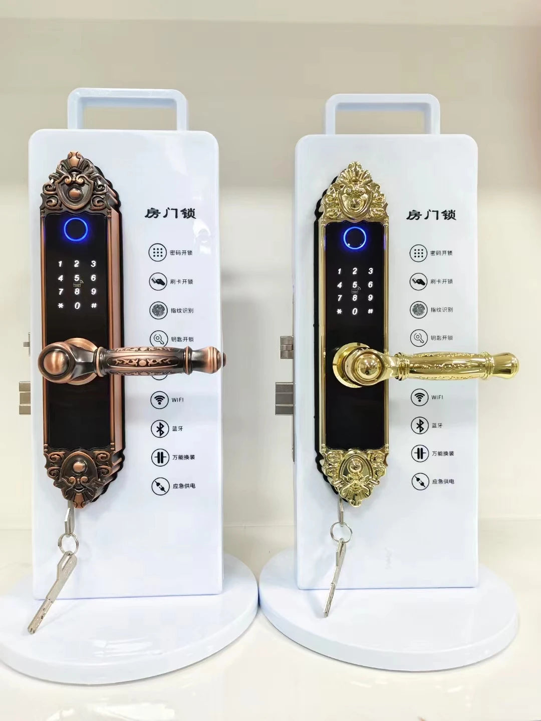 Two ornate metal smart door locks with biometric, keypad, and key access, in bronze and polished gold finishes.