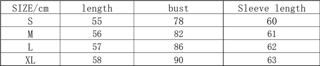 Size chart table in centimetres for clothing, displaying length, bust, and sleeve measurements for sizes S to XL.