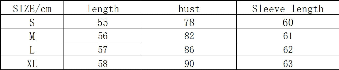 Size chart table in centimetres for clothing, displaying length, bust, and sleeve measurements for sizes S to XL.
