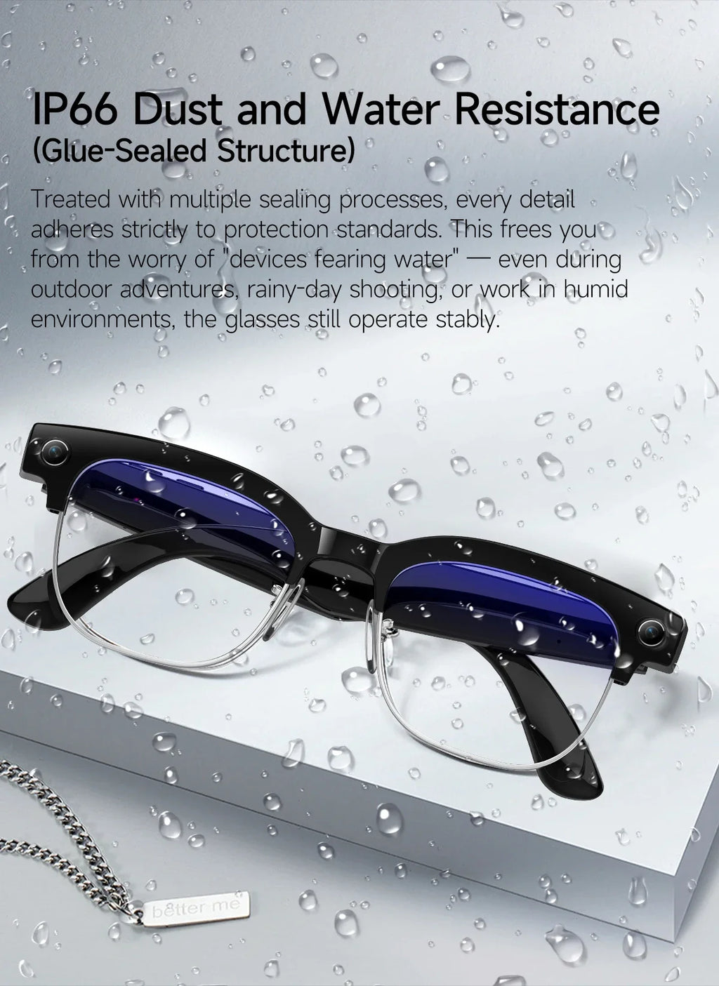 Black, sleek smart glasses with integrated cameras, shown on a wet surface to highlight their water-resistant design.