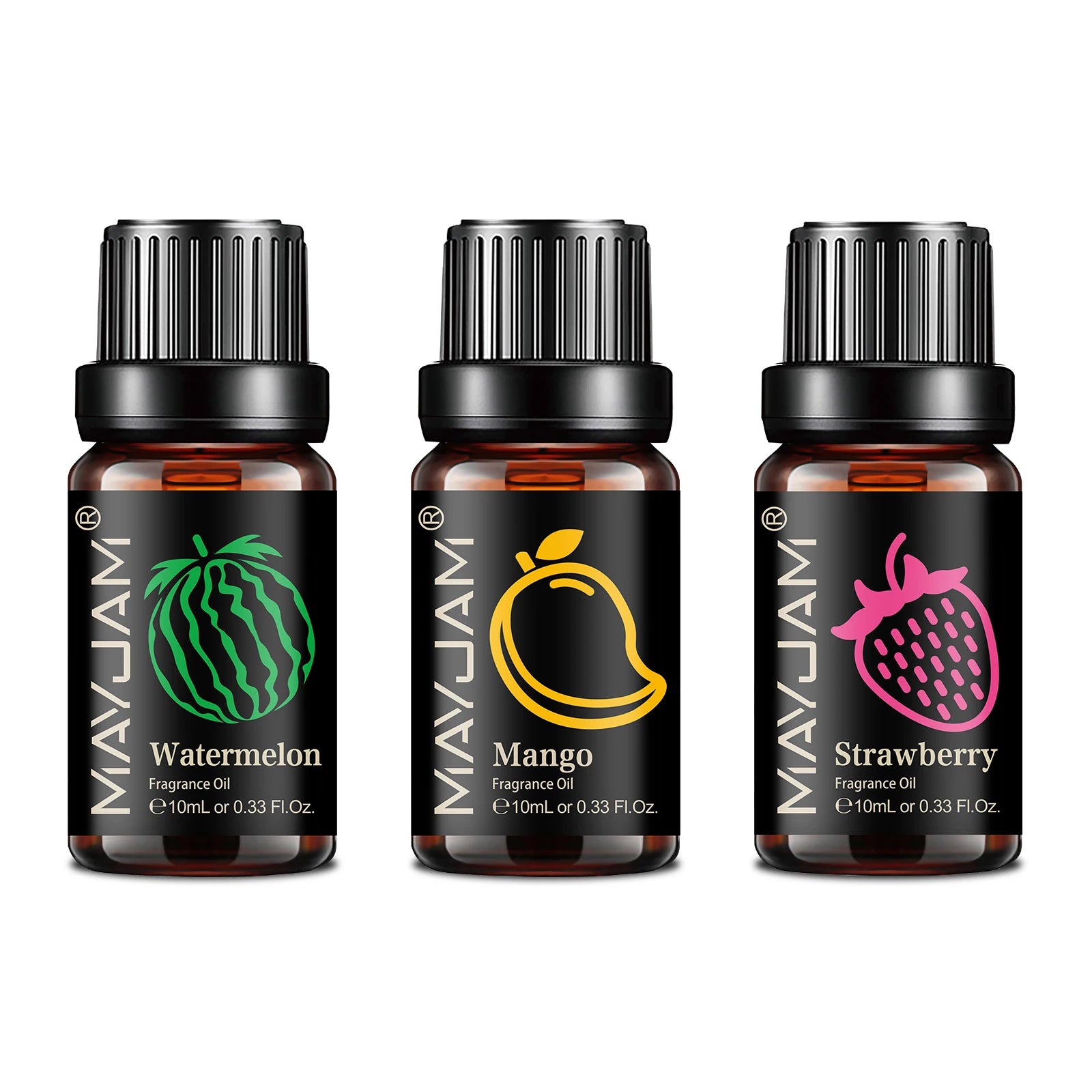 Three 10ml amber glass dropper bottles of fruit-scented fragrance oil: Watermelon, Mango, and Strawberry.