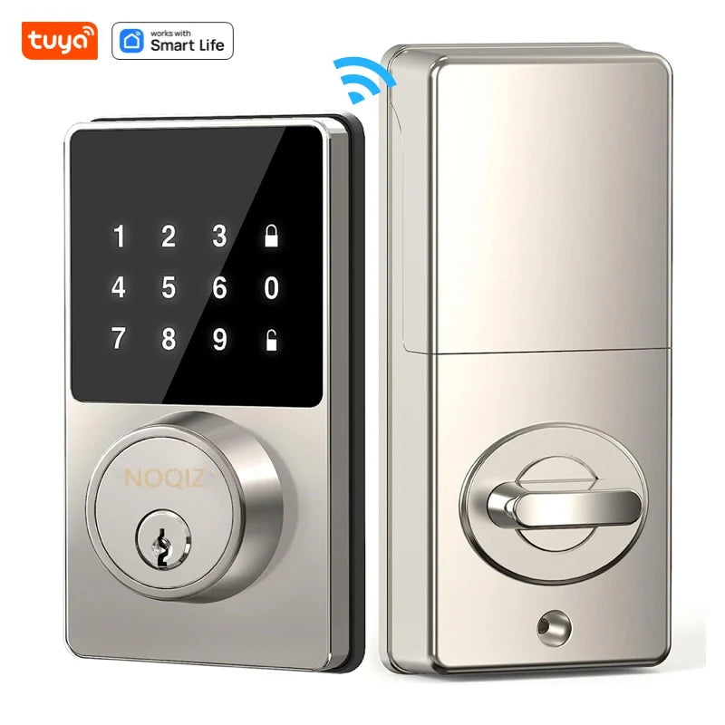 Silver smart door lock with a touchscreen keypad, keyhole, and interior thumb turn.